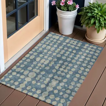 3' X 5' Denim Blue And Gray Abstract Washable Indoor Outdoor Area Rug
