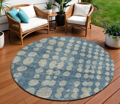 8' Denim Blue And Gray Round Abstract Washable Indoor Outdoor Area Rug