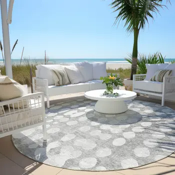8' Gray And Ivory Round Abstract Washable Indoor Outdoor Area Rug