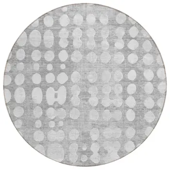 8' Gray And Ivory Round Abstract Washable Indoor Outdoor Area Rug