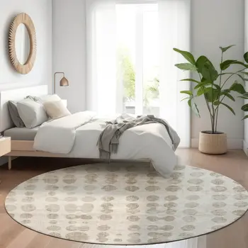 8' Ivory And Beige Round Abstract Washable Indoor Outdoor Area Rug