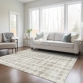 10' X 14' Ivory And Beige Abstract Washable Indoor Outdoor Area Rug