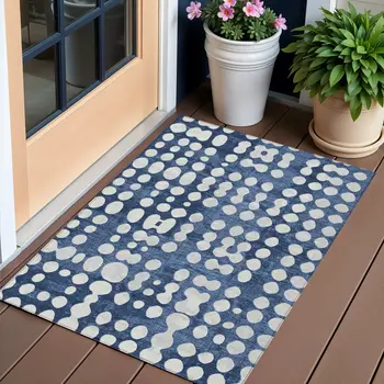 3' X 5' Navy Blue And Ivory Abstract Washable Indoor Outdoor Area Rug