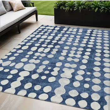 5' X 8' Navy Blue And Ivory Abstract Washable Indoor Outdoor Area Rug