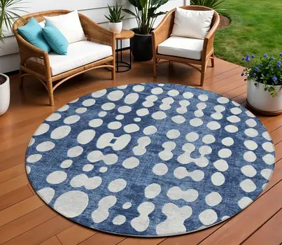 8' Navy Blue And Ivory Round Abstract Washable Indoor Outdoor Area Rug