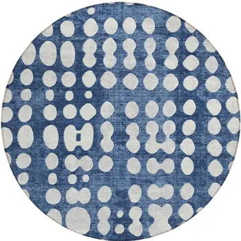 8' Navy Blue And Ivory Round Abstract Washable Indoor Outdoor Area Rug