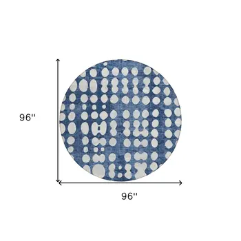 8' Navy Blue And Ivory Round Abstract Washable Indoor Outdoor Area Rug