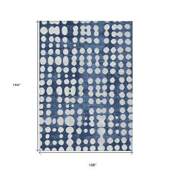 9' X 12' Navy Blue And Ivory Abstract Washable Indoor Outdoor Area Rug