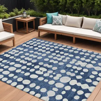 9' X 12' Navy Blue And Ivory Abstract Washable Indoor Outdoor Area Rug
