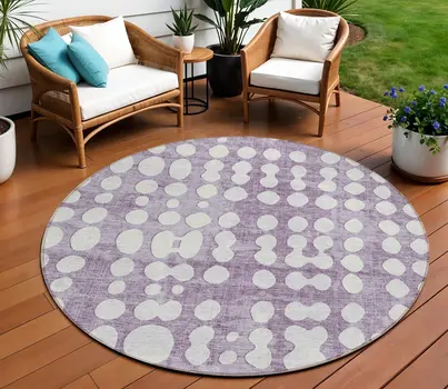 8' Purple And Ivory Round Abstract Washable Indoor Outdoor Area Rug