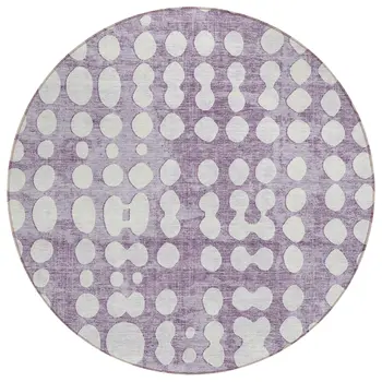 8' Purple And Ivory Round Abstract Washable Indoor Outdoor Area Rug