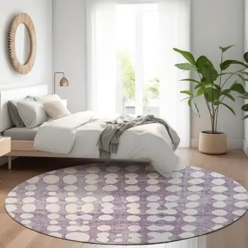 8' Purple And Ivory Round Abstract Washable Indoor Outdoor Area Rug