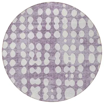 8' Purple And Ivory Round Abstract Washable Indoor Outdoor Area Rug
