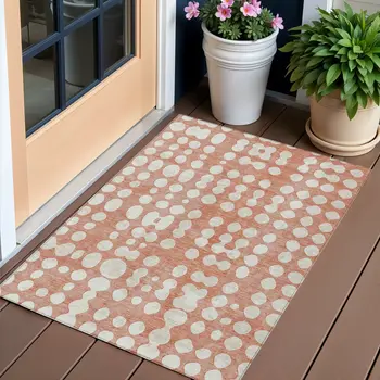 3' X 5' Salmon And Ivory Abstract Washable Indoor Outdoor Area Rug