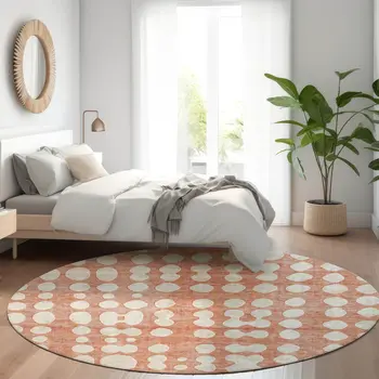 8' Salmon And Ivory Round Abstract Washable Indoor Outdoor Area Rug