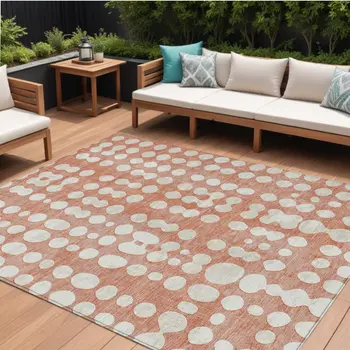 9' X 12' Salmon And Ivory Abstract Washable Indoor Outdoor Area Rug