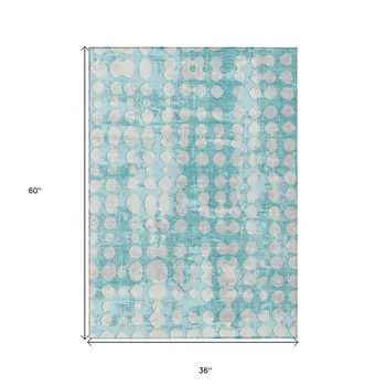 3' X 5' Teal Blue And Ivory Abstract Washable Indoor Outdoor Area Rug