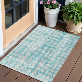 3' X 5' Teal Blue And Ivory Abstract Washable Indoor Outdoor Area Rug