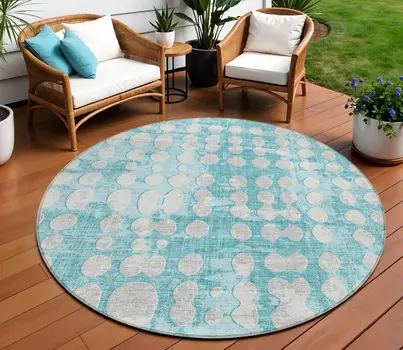 8' Teal Blue And Ivory Round Abstract Washable Indoor Outdoor Area Rug