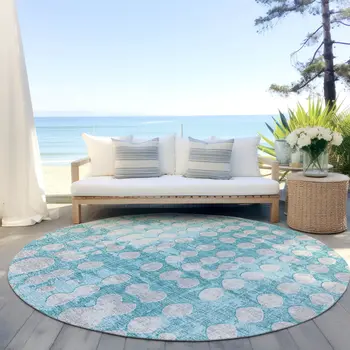 8' Teal Blue And Ivory Round Abstract Washable Indoor Outdoor Area Rug