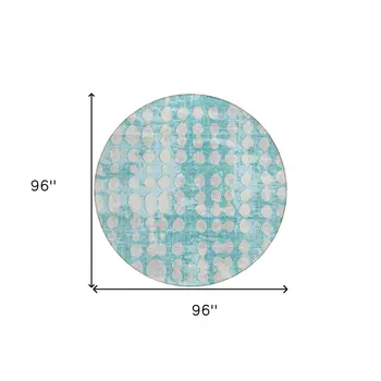 8' Teal Blue And Ivory Round Abstract Washable Indoor Outdoor Area Rug