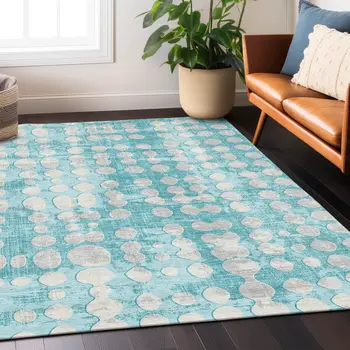8' X 10' Teal Blue And Ivory Abstract Washable Indoor Outdoor Area Rug