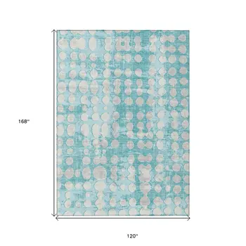 10' X 14' Teal Blue And Ivory Abstract Washable Indoor Outdoor Area Rug