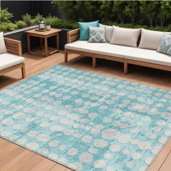 10' X 14' Teal Blue And Ivory Abstract Washable Indoor Outdoor Area Rug