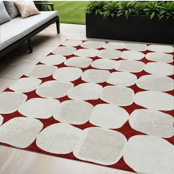 5' X 8' Burgundy Beige And Ivory Abstract Washable Indoor Outdoor Area Rug