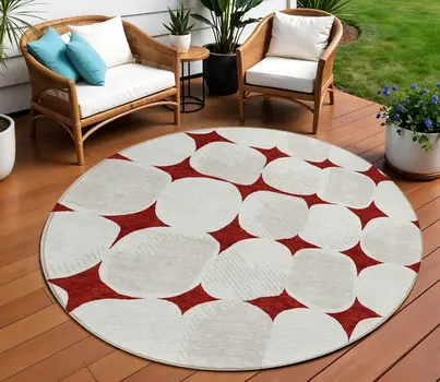 8' Burgundy Beige And Ivory Round Abstract Washable Indoor Outdoor Area Rug