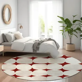 8' Burgundy Beige And Ivory Round Abstract Washable Indoor Outdoor Area Rug