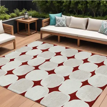 8' X 10' Burgundy Beige And Ivory Abstract Washable Indoor Outdoor Area Rug