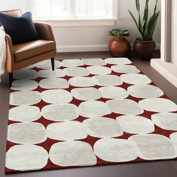 8' X 10' Burgundy Beige And Ivory Abstract Washable Indoor Outdoor Area Rug