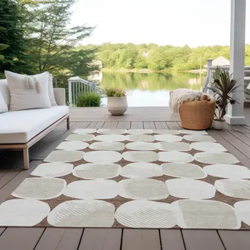 5' X 8' Brown Beige And Ivory Abstract Washable Indoor Outdoor Area Rug