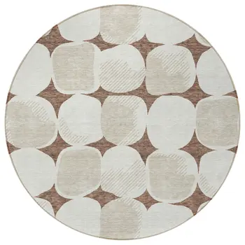 8' Brown Beige And Ivory Round Abstract Washable Indoor Outdoor Area Rug