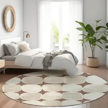 8' Brown Beige And Ivory Round Abstract Washable Indoor Outdoor Area Rug