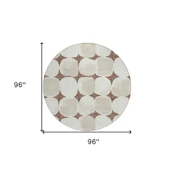 8' Brown Beige And Ivory Round Abstract Washable Indoor Outdoor Area Rug