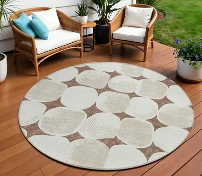 8' Brown Beige And Ivory Round Abstract Washable Indoor Outdoor Area Rug