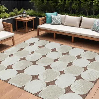 8' X 10' Brown Beige And Ivory Abstract Washable Indoor Outdoor Area Rug