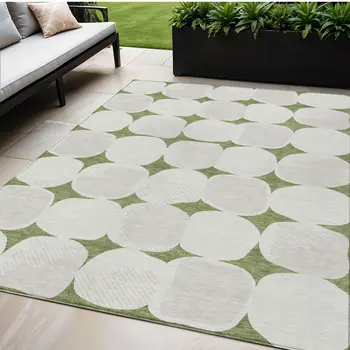 5' X 8' Green And Beige Abstract Washable Indoor Outdoor Area Rug