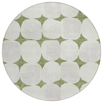 8' Green And Beige Round Abstract Washable Indoor Outdoor Area Rug
