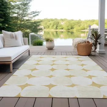 3' X 5' Gold And Beige Abstract Washable Indoor Outdoor Area Rug