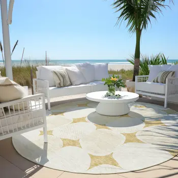8' Gold And Beige Round Abstract Washable Indoor Outdoor Area Rug
