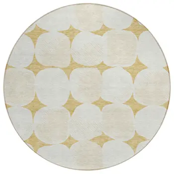 8' Gold And Beige Round Abstract Washable Indoor Outdoor Area Rug