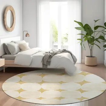 8' Gold And Beige Round Abstract Washable Indoor Outdoor Area Rug