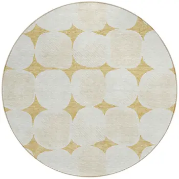 8' Gold And Beige Round Abstract Washable Indoor Outdoor Area Rug