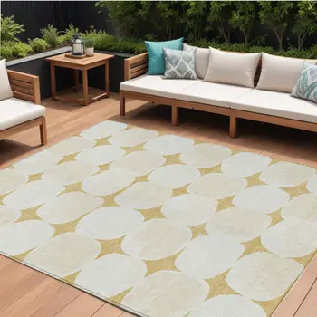 10' X 14' Gold And Beige Abstract Washable Indoor Outdoor Area Rug