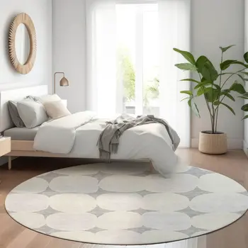 8' Gray And Beige Round Abstract Washable Indoor Outdoor Area Rug