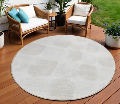 8' Ivory And Beige Round Abstract Washable Indoor Outdoor Area Rug