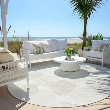 8' Ivory And Beige Round Abstract Washable Indoor Outdoor Area Rug